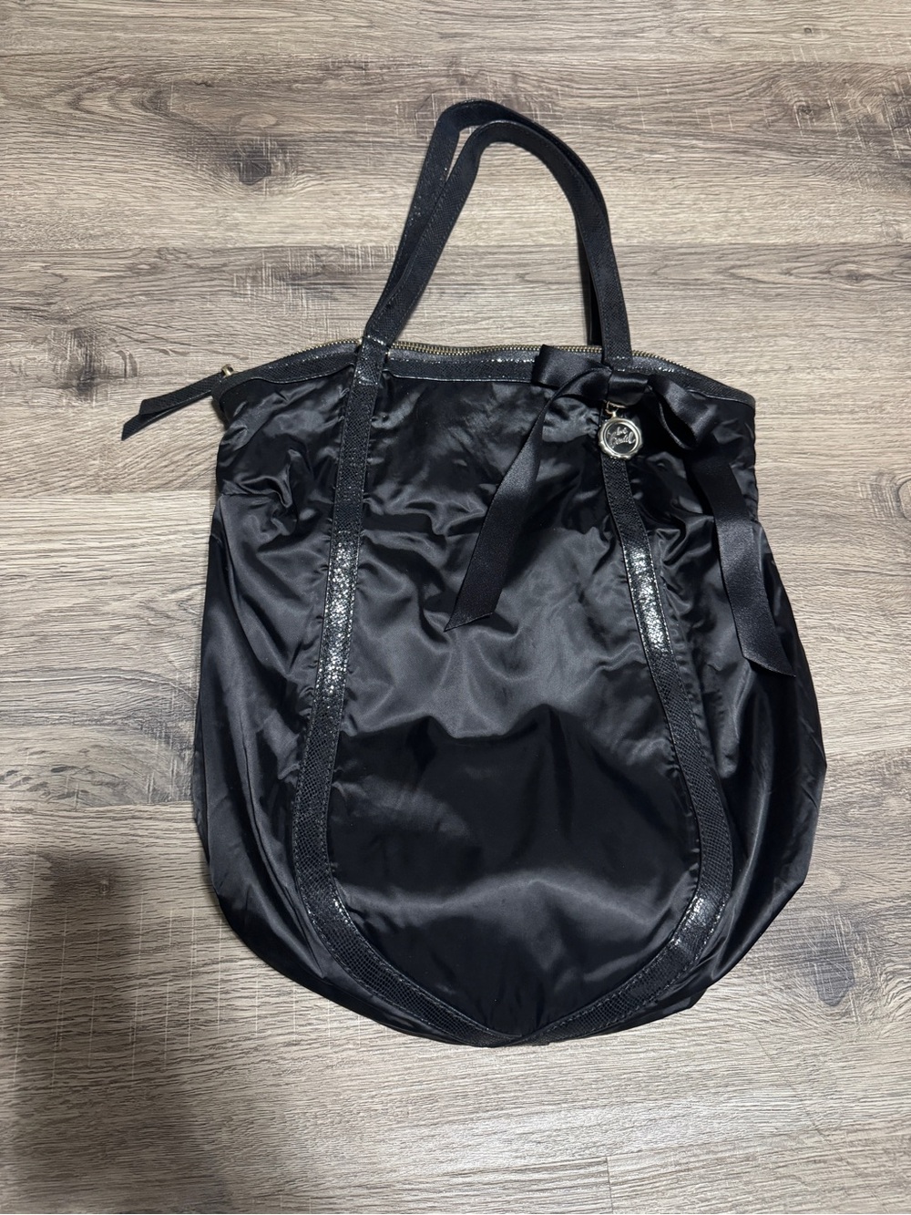 henri bendel Black Satin Tote with Gold Medallion